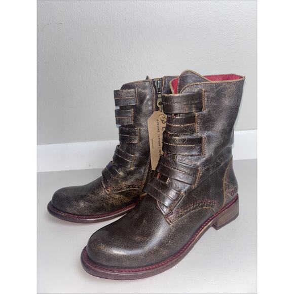 Bed Stu Shoes - Bed Stu Catty Mid Calf Distressed Brogue Detail Leather Boots Womens 8